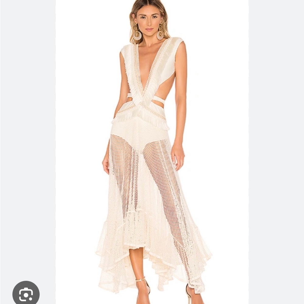 PatBO Fringe and Mesh Cutout Maxi Dress in Wheat size small
